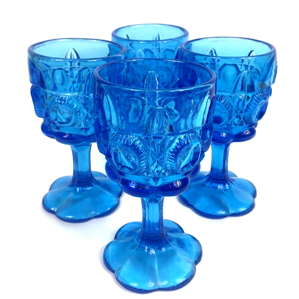 4 Vtg Kanawha Blue Bulls Eye & Daisy Water Wine Glass Goblet Whimsical Coastal